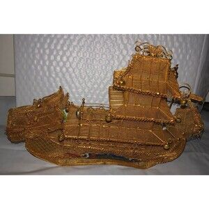 Vintage 1970s Chinese Gold Tone Dragon Ship 10 x 7"  Crafts Plated Silk Boat